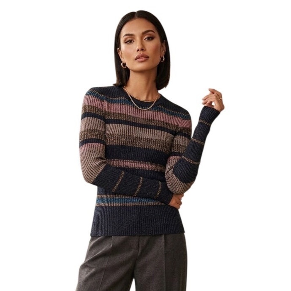 Bella Freud Metallic Striped Ribbed Sweater Navy Gold Mauve Teal XS Long Sleeve